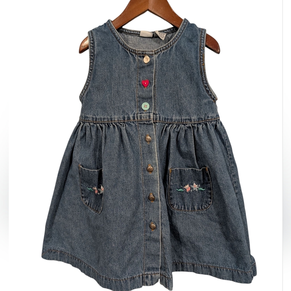 90s Vintage Toddler Girl Cherokee Blue Denim Embroidered Floral Dress 3T